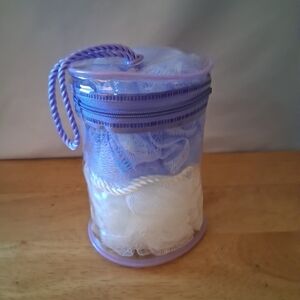 Lavender & White Bath Pouf Set with Carry Case